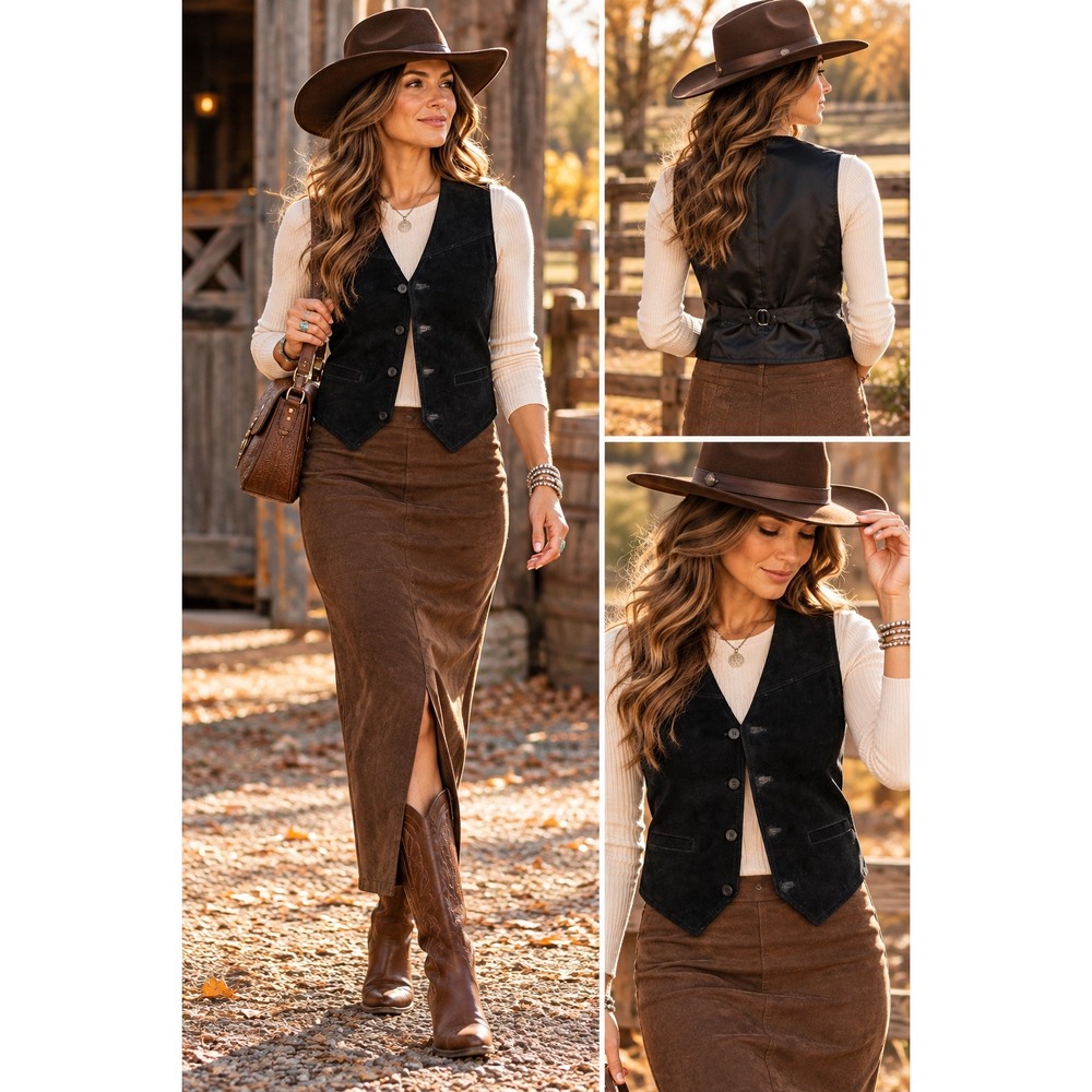 Wilsons Leather Black Suede Vest Womens Medium Western Boho Cinch Back V-Neck